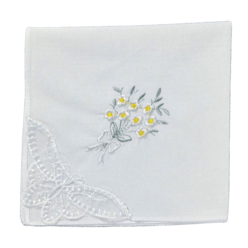 Monogrammed Handkerchief - カラーフラワー刺繍コットンハンカチエレガントレースエッジレディースハンカチ