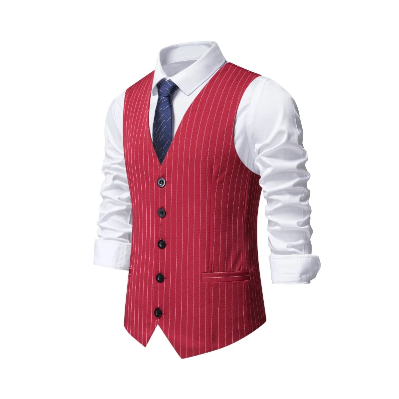 Khaki Formal Wear Men - 2026年新作 レッドストライプスーツベスト メンズ、ファッションビジネスフォーマルウェア カジュアル カーキ/ブラックストライプ ベスト