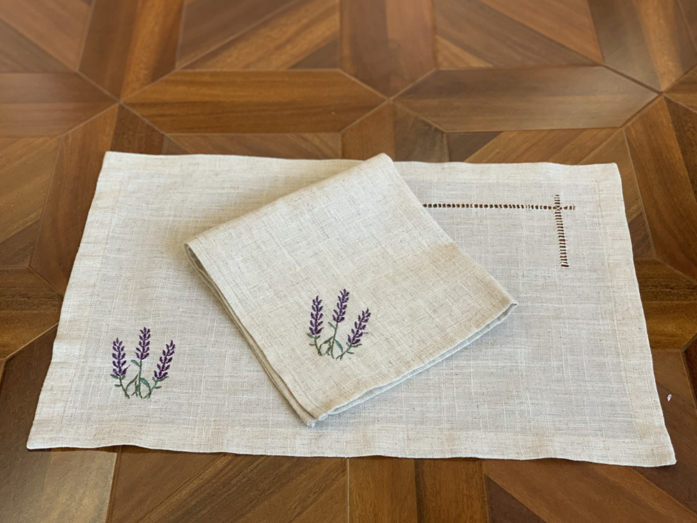 Monogrammed Handkerchief - ヘムステッチナプキン/プレースマット プロヴァンス、フランス、ラベンダー ナチュラルカラー ポリ+リネン 宴会/ホテル/Airbnb/レストラン用