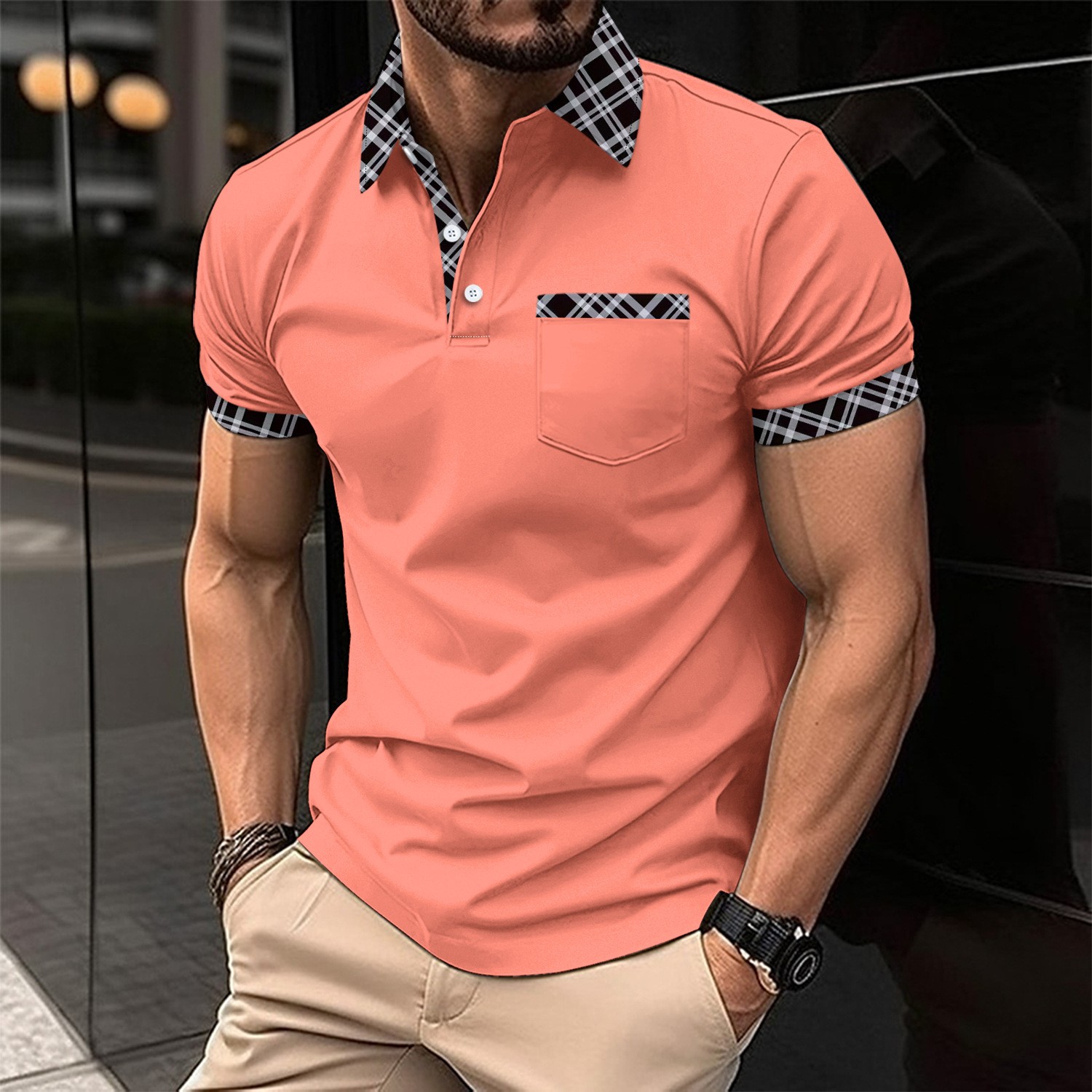 Men Formal Wear Combination - メンズカジュアル通気性抜群快適ポロシャツ、フロントポケット付き、ビジネススタイルの配色、多用途で着やすい