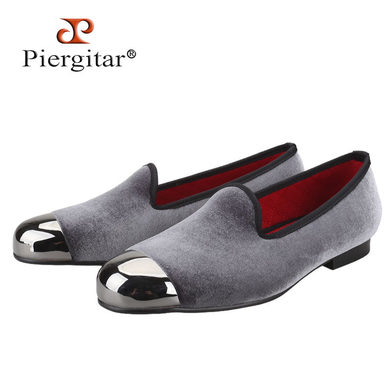 Men'S Formal Wear Slippers - Piergitar グレーベルベットスリッポンローファーガントゥメタルファッションパーティーやプロムフォーマルウェア手作りメンズ喫煙スリッパ