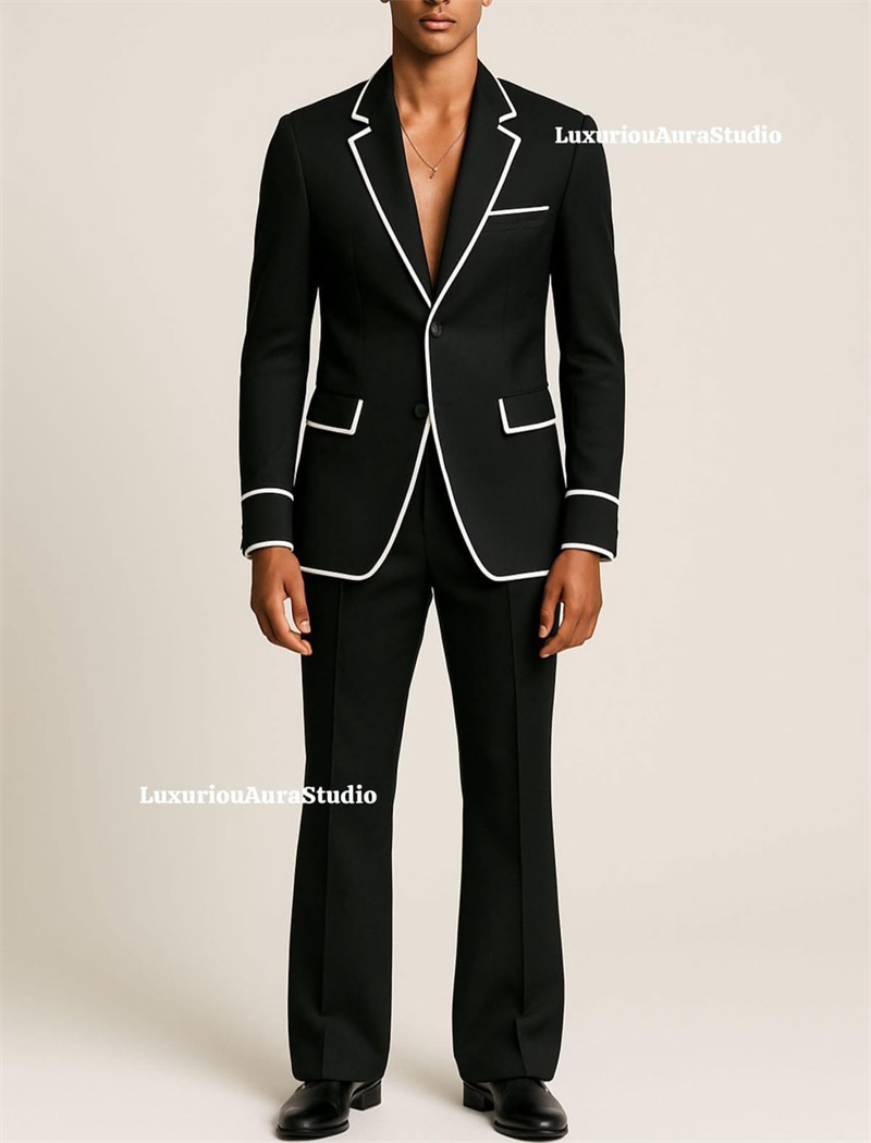 Men Formal Wear Design - デザイナーブラックメンズスーツセット 2ピース ブレザー+パンツ ホワイトストライプ カスタマイズフォーマルオフィスジャケット ウェディングタキシード