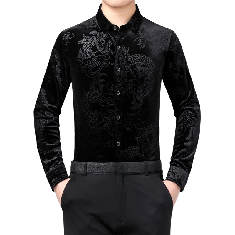 Men Formal Party Wear Shirt - メンズ長袖シャツ 中国龍柄 伝統的なオリエンタルスタイル カジュアル フォーマル パーティー