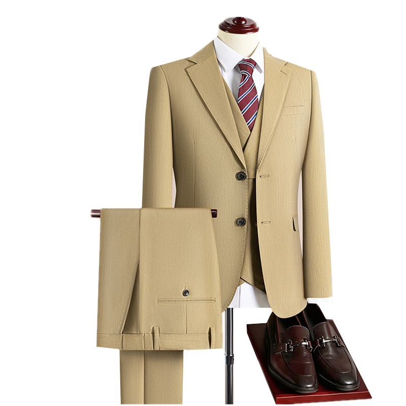 Khaki Formal Wear Men - メンズカーキ3ピーススリムフィットビジネススーツセット、ビジネス宴会、フォーマルウェディング、オフィスウェア、通気性のある軽量生地