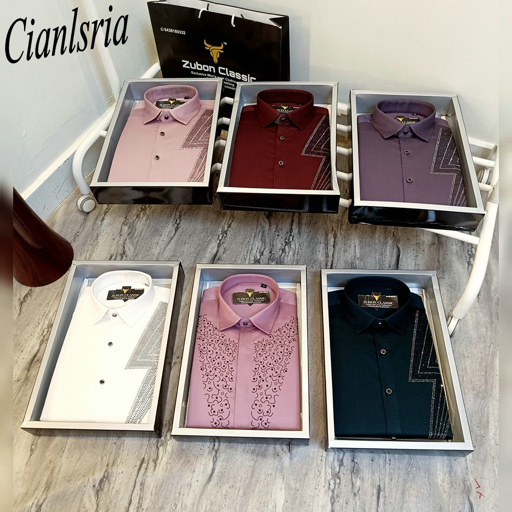 Men Formal Party Wear Shirt - メンズラグジュアリー片面幾何学模様Vラインストーン長袖ドレスシャツフォーマルターンダウンカラートップスウェディングパーティースーツマッチング