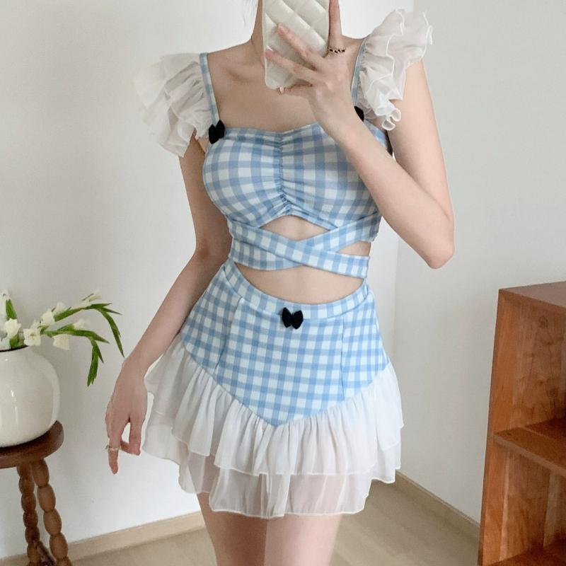 Slim Fit Suit Set - レディーススリミングホルター水着かわいいちょう結びレトロハイネック水着ファッション夏休みプールパーティー衣装
