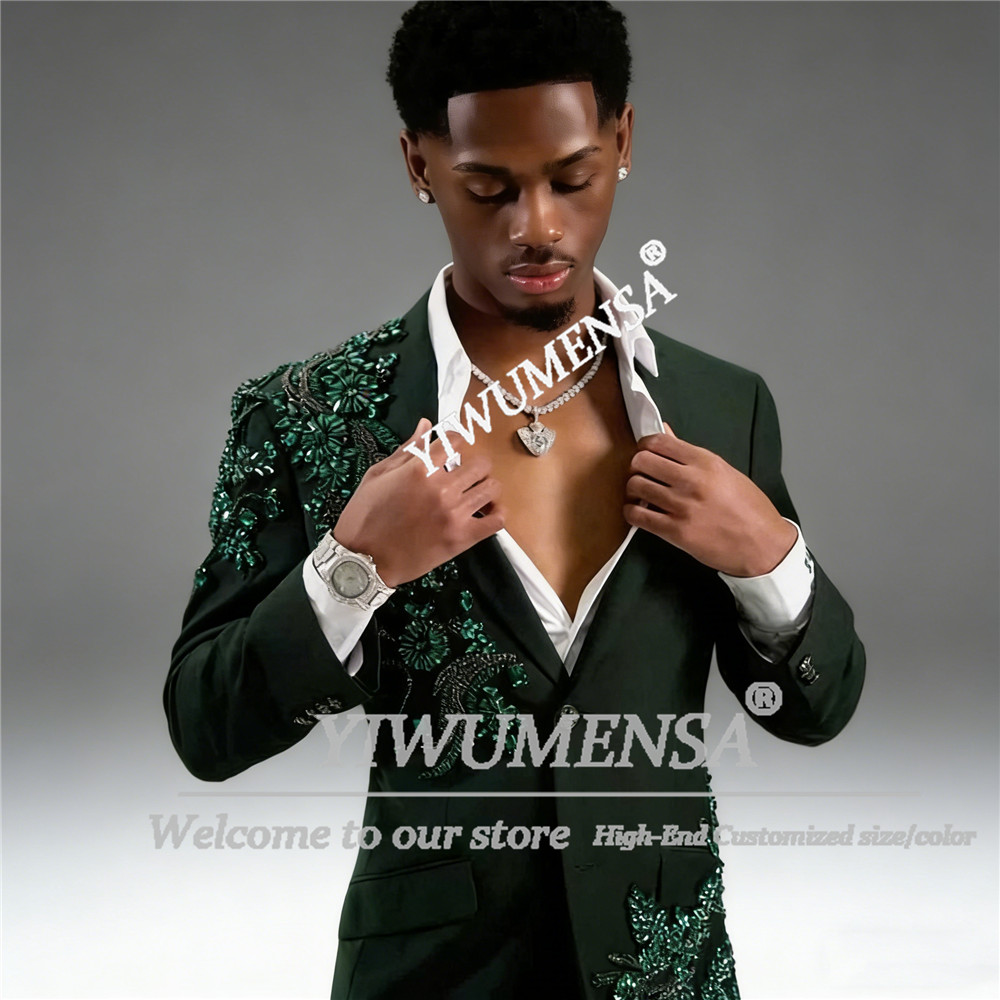 Unique Men'S Formal Wear - ユニークなデザインのスーツ男性フォーマルウェア 2 ピースセットグリーンビーズアップリケプロムブレザーカスタマイズされた新郎結婚式のタキシード Ropa Hombre
