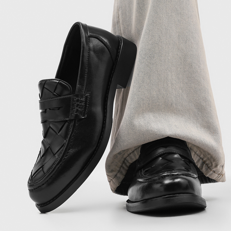 Men'S Formal Office Wear Shoes - 男性手作り織り込みペニーローファー ブラック ローヒール フォーマル レトロ オフィス