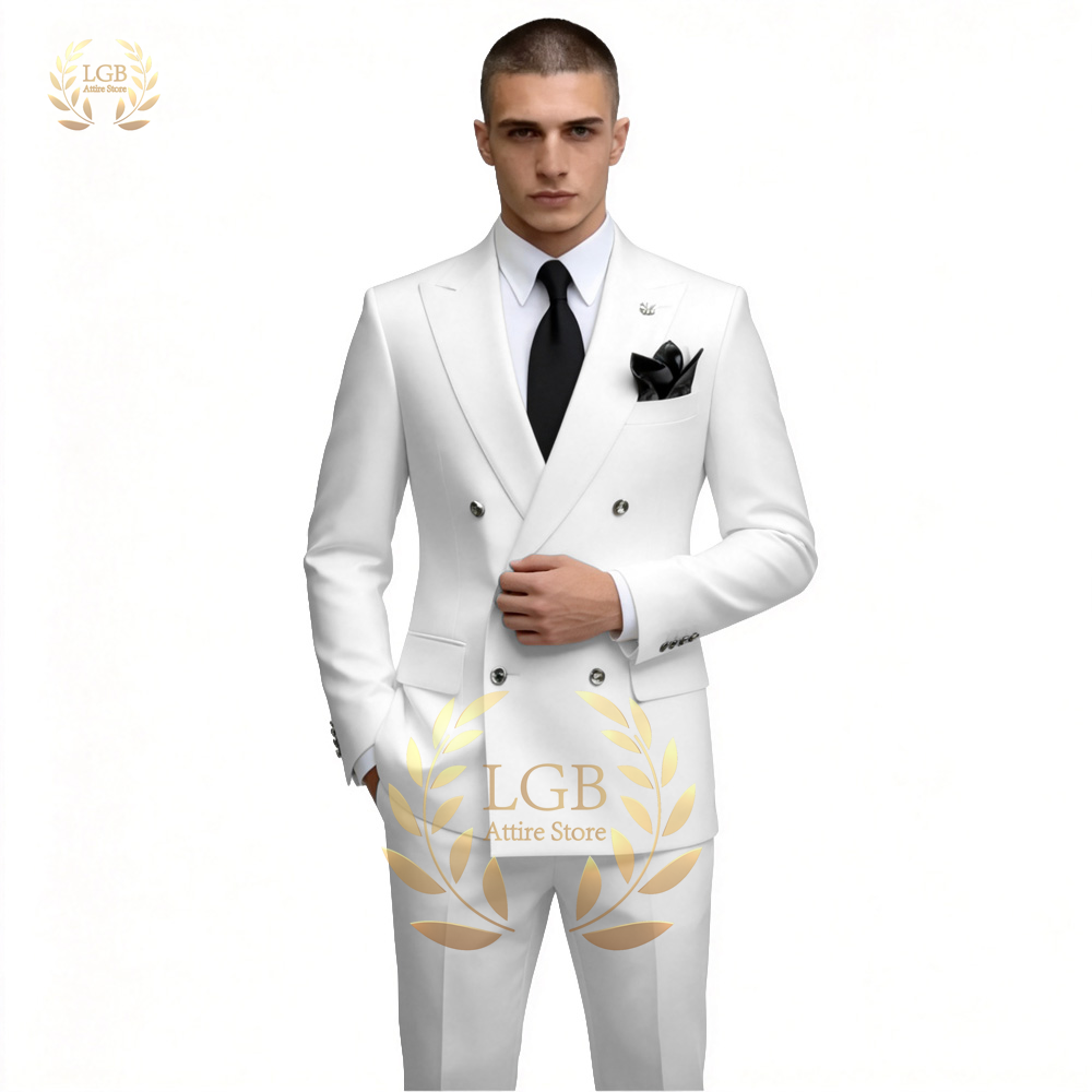Men'S Formal Dinner Wear - メンズホワイトダブルブレストスーツ2ピースセットスリムフィットブレザートラウザーズウェディンググルームプロムフォーマルウェアビジネスイブニングディナー