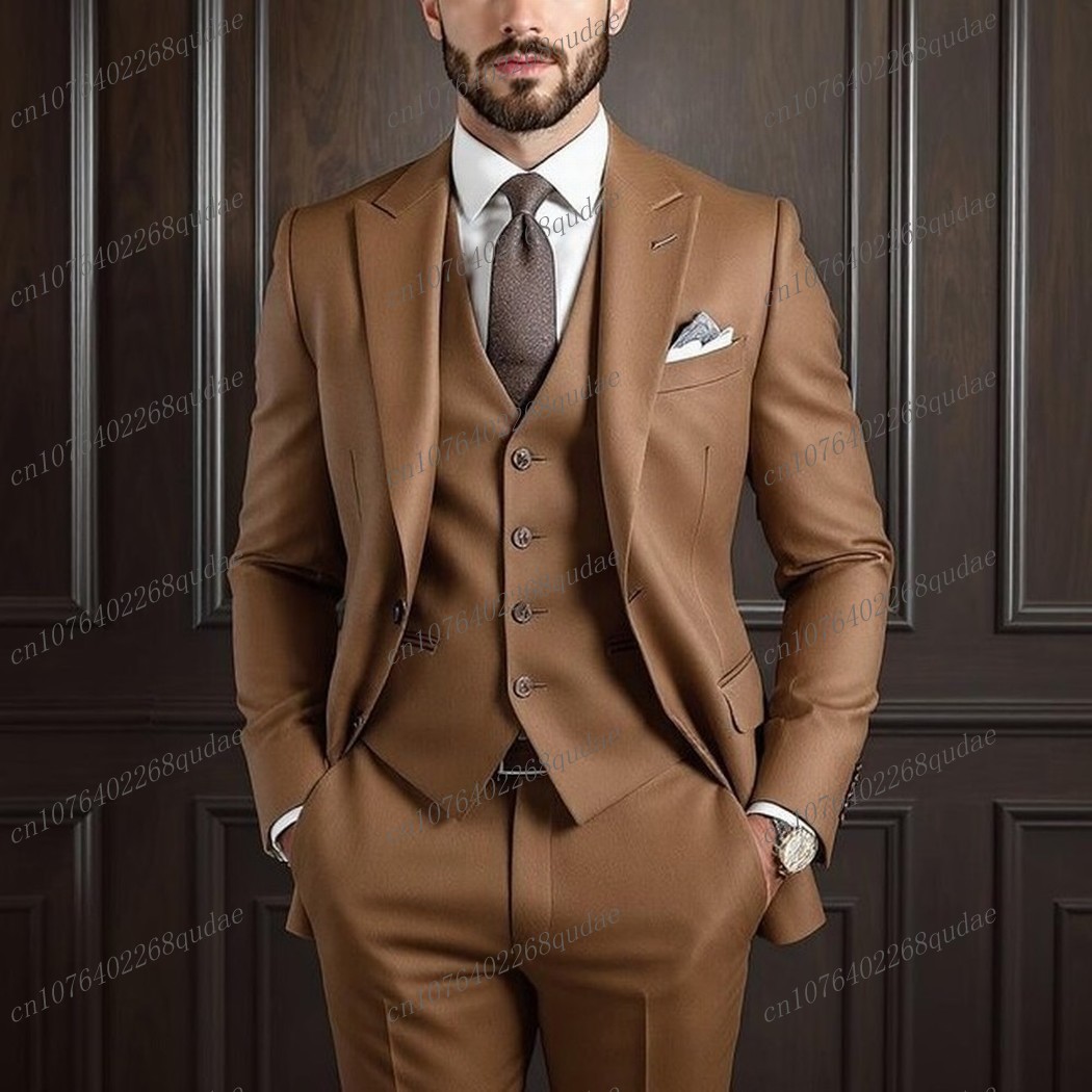 Formal Wear Jersey For Men - ブラウンフォーマルな機会の男性スーツ結婚式パーティー新郎花婿の付添人男性ビジネスタキシード衣装 3 点セットブレザーベストパンツ