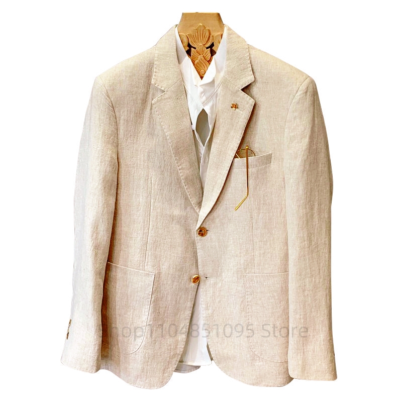 Men Formal Wear Design - ベージュ男性スーツリネンブレザージャケットビジネスカジュアルスーツデザイナーコート新しい春夏フォーマルウェアスリムフィットブレザートップス