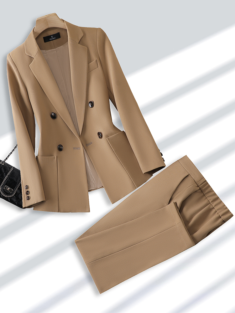 Khaki Formal Wear Men - 女性のためのブレザーとズボンのスーツ、オフィス、ビジネス、仕事のためのフォーマルなパンツスーツ、女性のファッション、ベージュ、黒、カーキ、ポケット付き2ピースセット