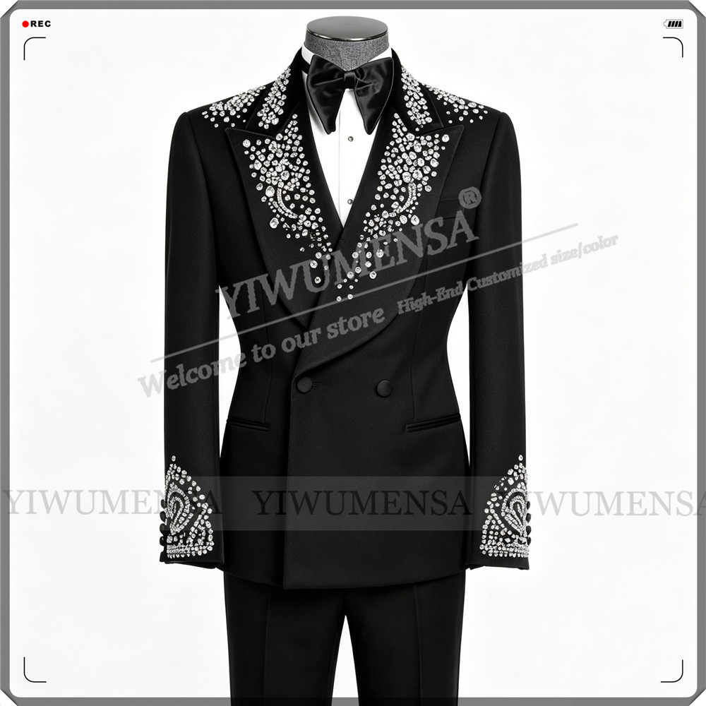 Formal Wear Jersey For Men - 高級結婚式のスーツ男性用ラインストーンビーズジャケットパンツ 2 ピース新郎フォーマルパーティータキシード服装カスタマイズされた男性の衣装