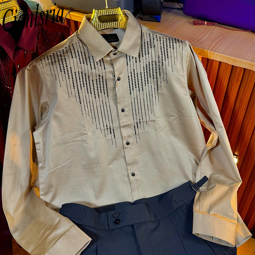 Men Formal Party Wear Shirt - メンズラグジュアリー縦型ラインストーン長袖シャツ ラペルカラー ボタンアップ フォーマル パーティー 宴会