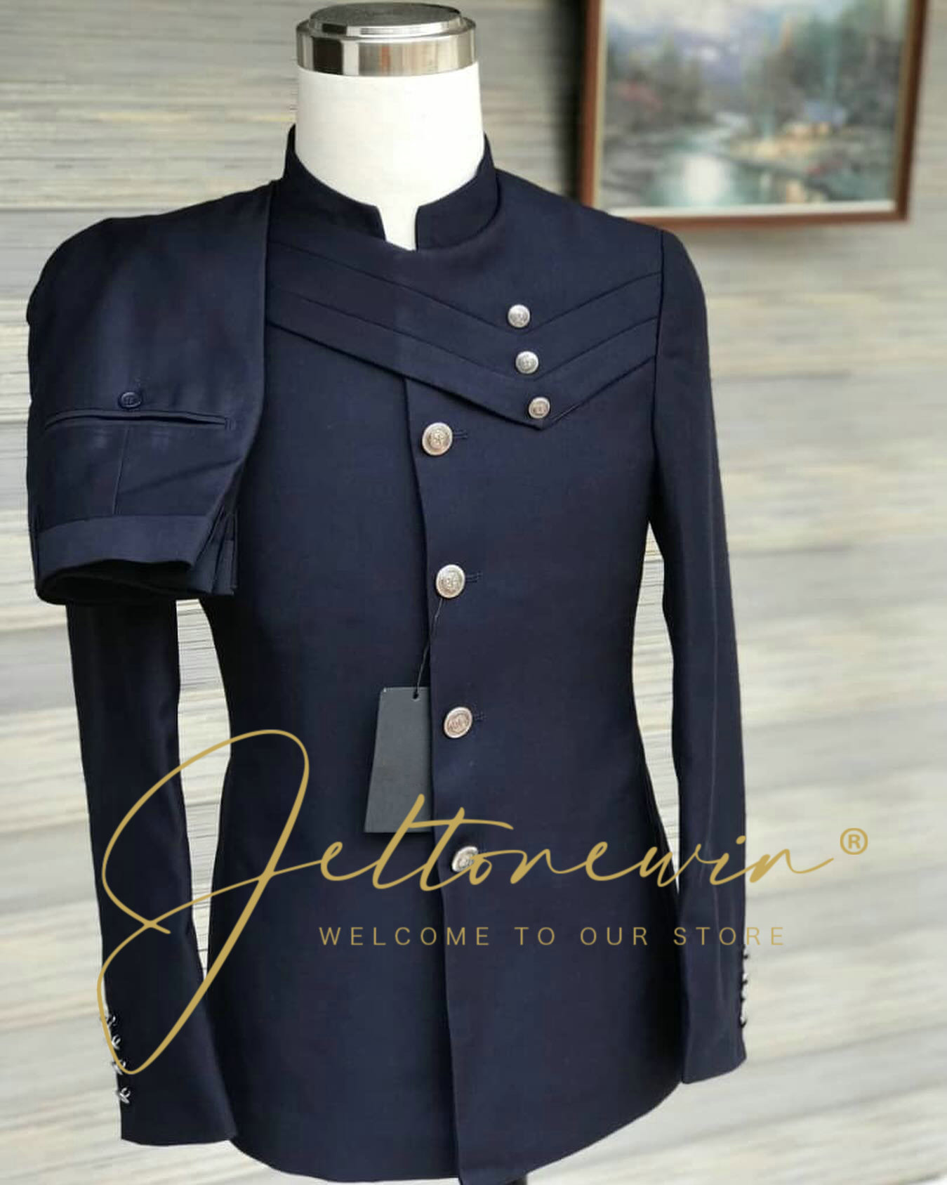 Men Formal Wear Design - メンズネイビーブルー スーツセット ミリタリースタイル スタンドカラー クロスフラップデザイン スリムフィット