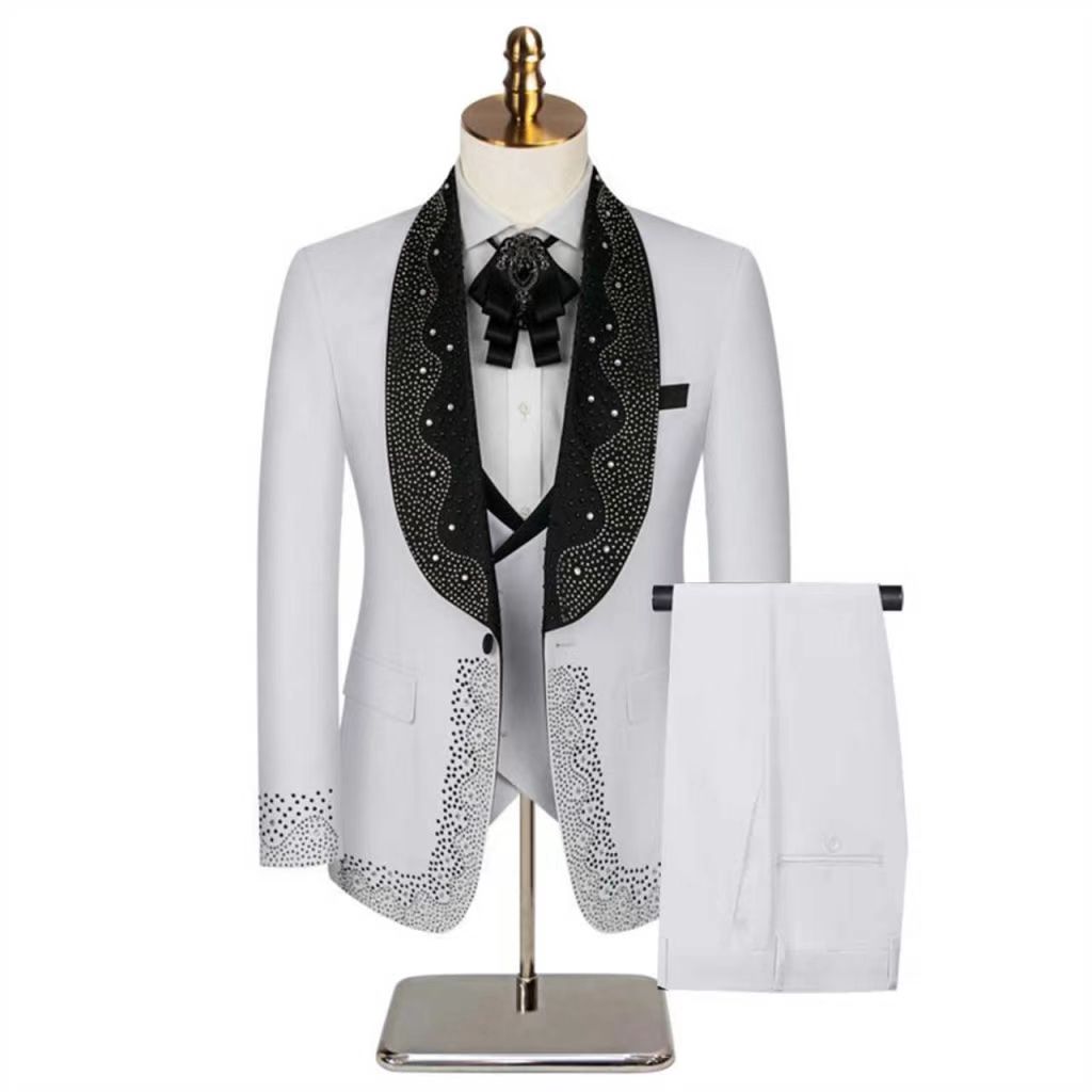 Formal Wear Jersey For Men - 白人男性スーツセット 2 ピースブレザー + パンツズボン高級石クリスタル結婚式タキシードフォーマルオフィスカスタマイズされた男性ジャケットコート