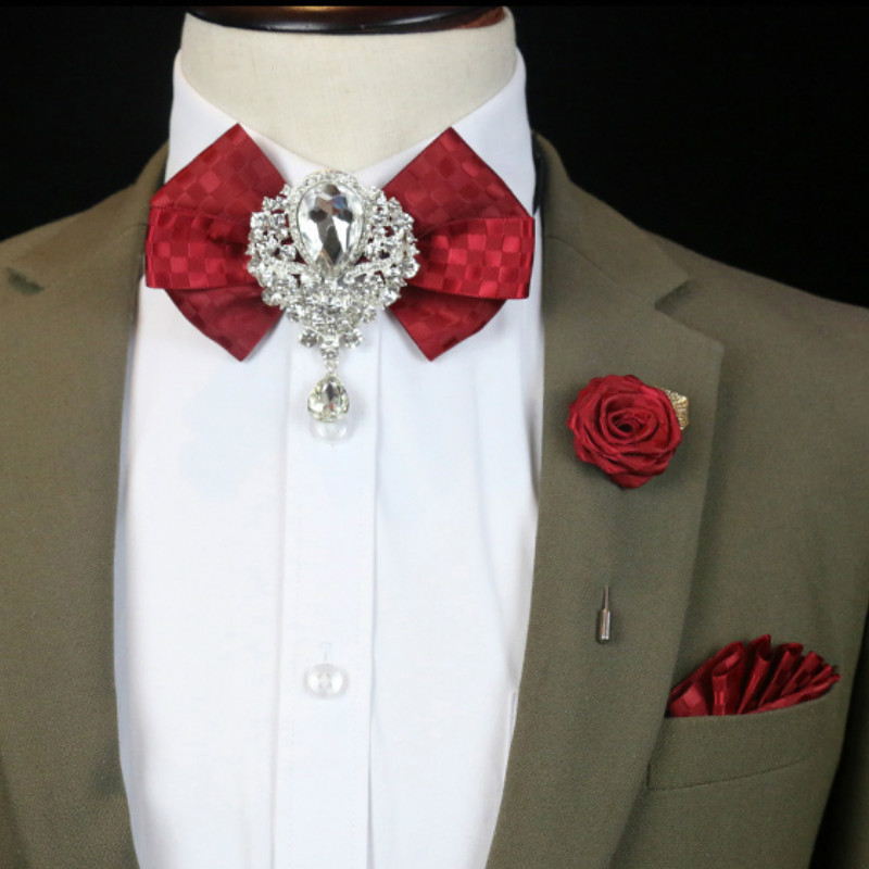 Men'S Formal Wear Bow Ties - 男性用ラインストーン付きウェディングドレス,3ピースセット,英国のビジネスウェア,フォーマルウェア,シャツの襟,花柄,ポケットタオル