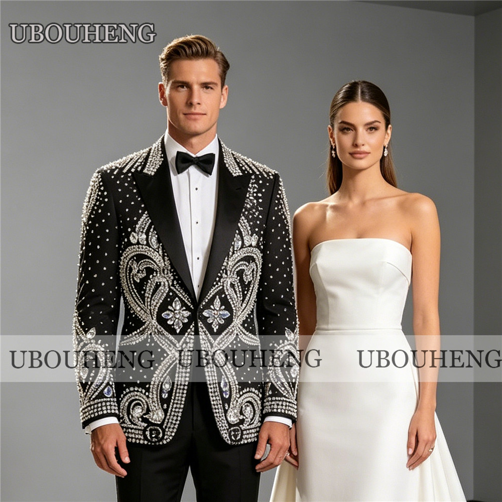 Men'S Formal Dinner Wear - 絶妙な結婚式のスーツ男性用ダイヤモンドビーズプロムブレザーカスタマイズされた 2 ピースセット新郎タキシード衣装フォーマルディナーパーティー衣装