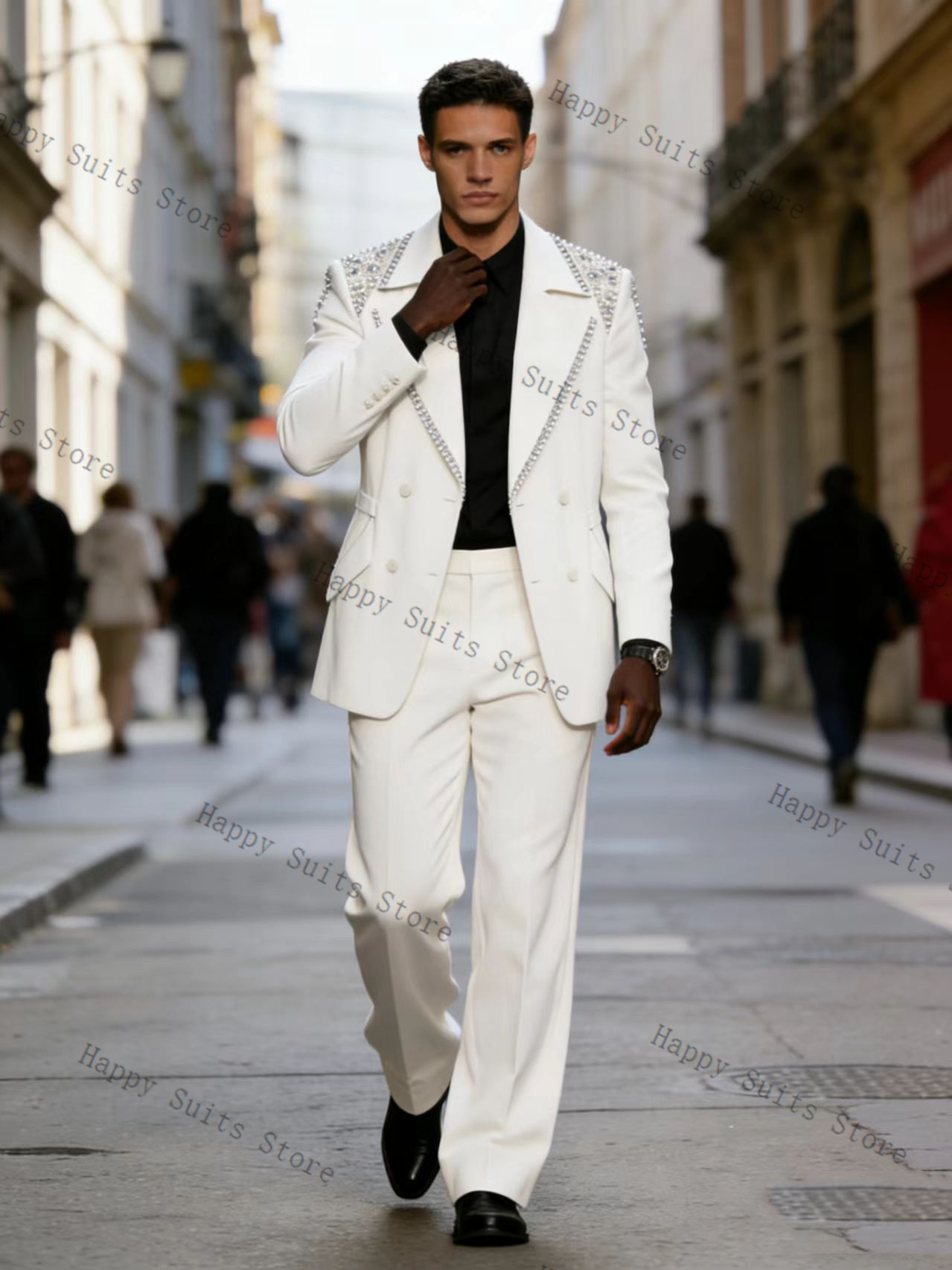 Formal Wear Jersey For Men - クリスタルメンズスーツセット 2 ピース新郎白ブレザー + パンツズボン高級フォーマルオフィスコート結婚式タキシードカスタマイズされたジャケット衣装