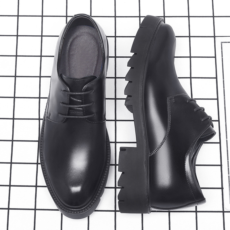 Men'S Formal Office Wear Shoes - メンズブラックレザーレースアップドレスシューズ、厚底プラットフォームブロックヒール、フォーマルビジネスオフィスワークデイリーウェアシューズ