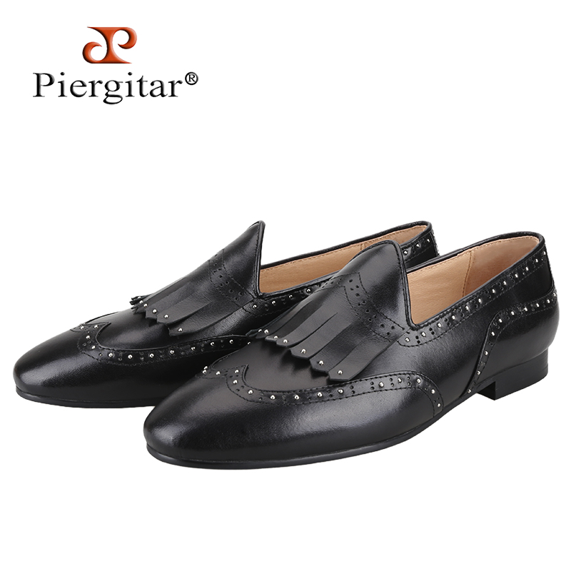 Men'S Formal Wear Slippers - Piergitar-黒のカーフスキンベルギーのローファー、パーティー用の手作りの小さなスパイク、ファッショナブルなフォーマルウェア、スリッポンスリッパ、プラスサイズ