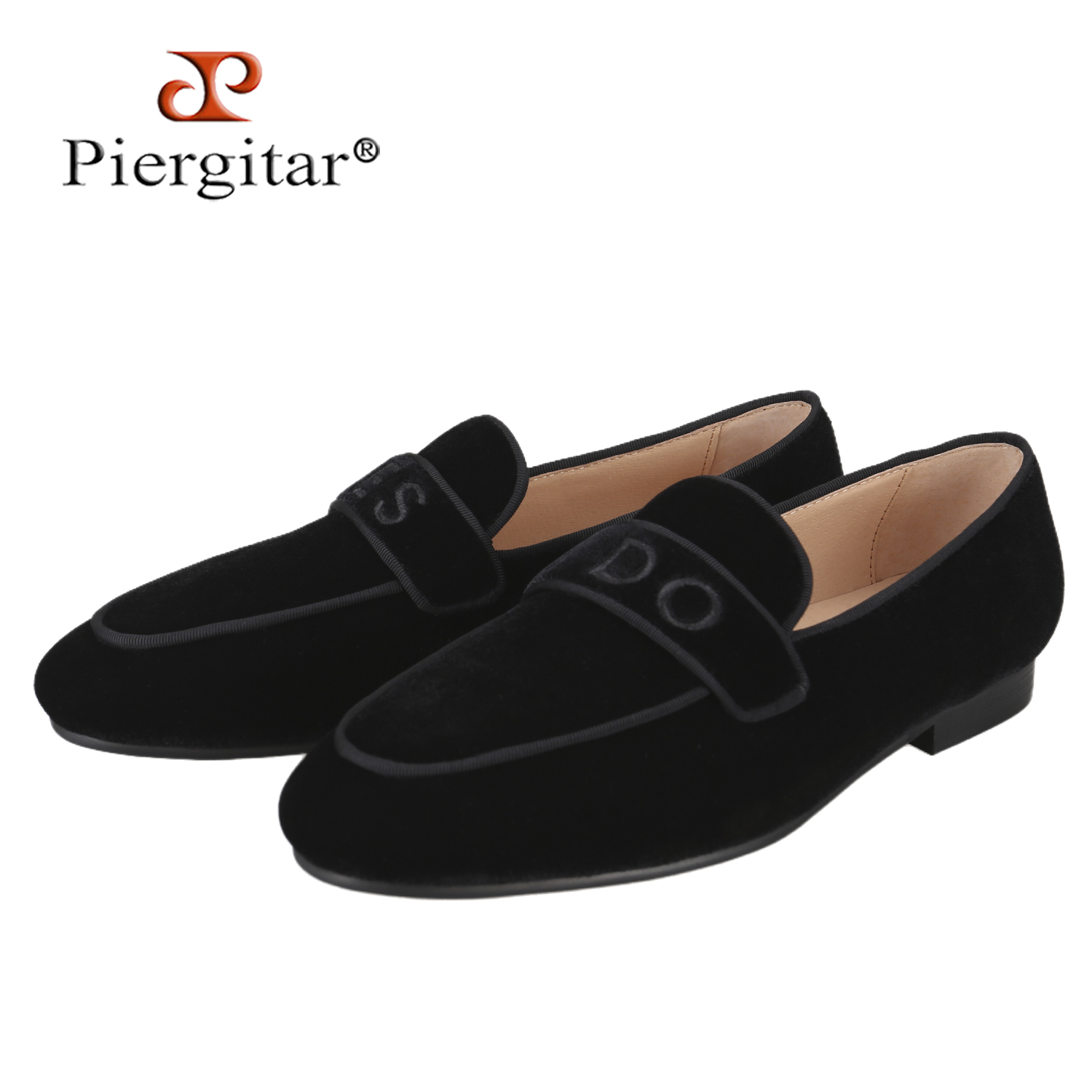 Men'S Formal Wear Slippers - Piergitar カスタムメイド YES-IDO 刺繍入り黒ベルベットスリッパ手作りメンズローファー結婚式やパーティーのフォーマルウェア用