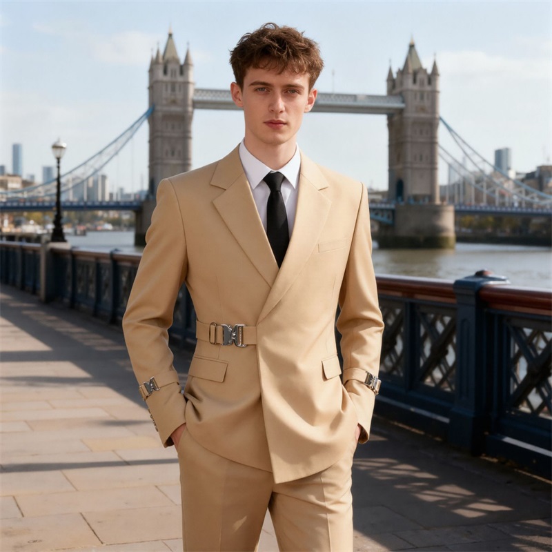 Khaki Formal Wear Men - カーキ綿男性スーツセット 2 ピースブレザー + パンツベルト付きプロム結婚式タキシードコートカスタマイズされたフォーマルオフィスファッション新郎ジャケット