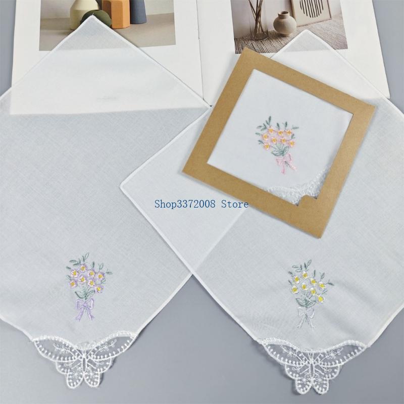 カラーフラワー刺繍コットンハンカチエレガントレースエッジレデ - Monogrammed Handkerchief のレビューと価格