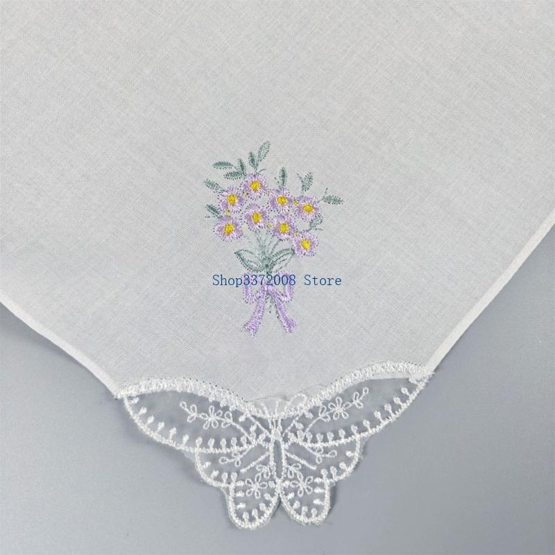 カラーフラワー刺繍コットンハンカチエレガントレースエッジレデ - Monogrammed Handkerchief のレビューと価格