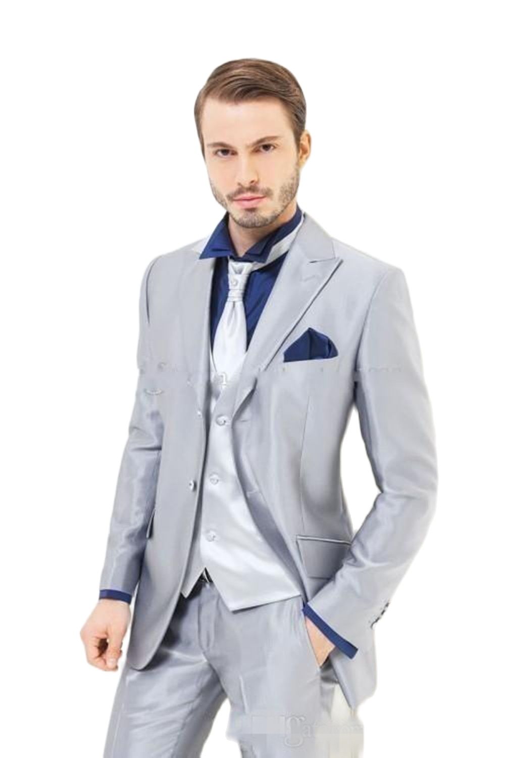 カスタムメイドシルバー光沢のあるサテンメンズスーツ 3 個ジ - Men'S Formal Dinner Wear のレビューと価格