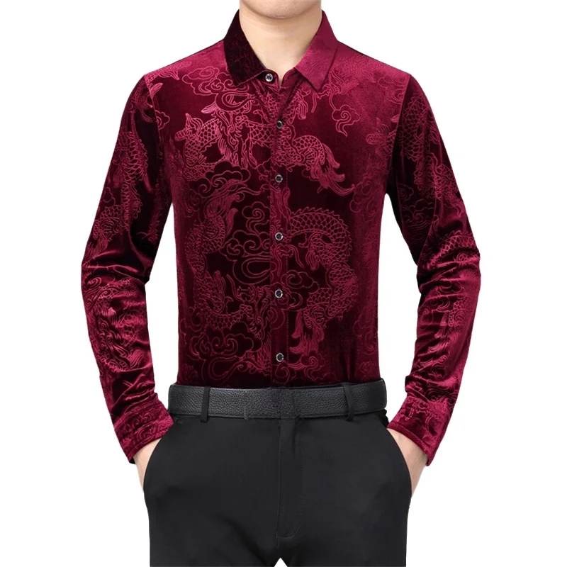 メンズ長袖シャツ 中国龍柄 伝統的なオリエンタルスタイル カ - Men Formal Party Wear Shirt のレビューと価格