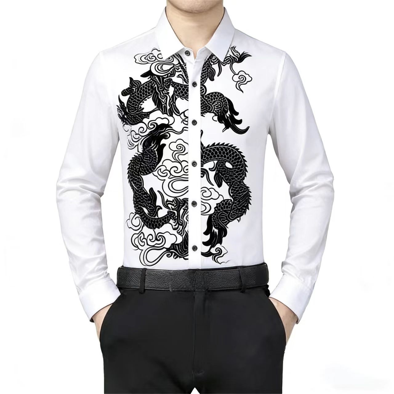 メンズ長袖シャツ 中国龍柄 伝統的なオリエンタルスタイル カ - Men Formal Party Wear Shirt のレビューと価格