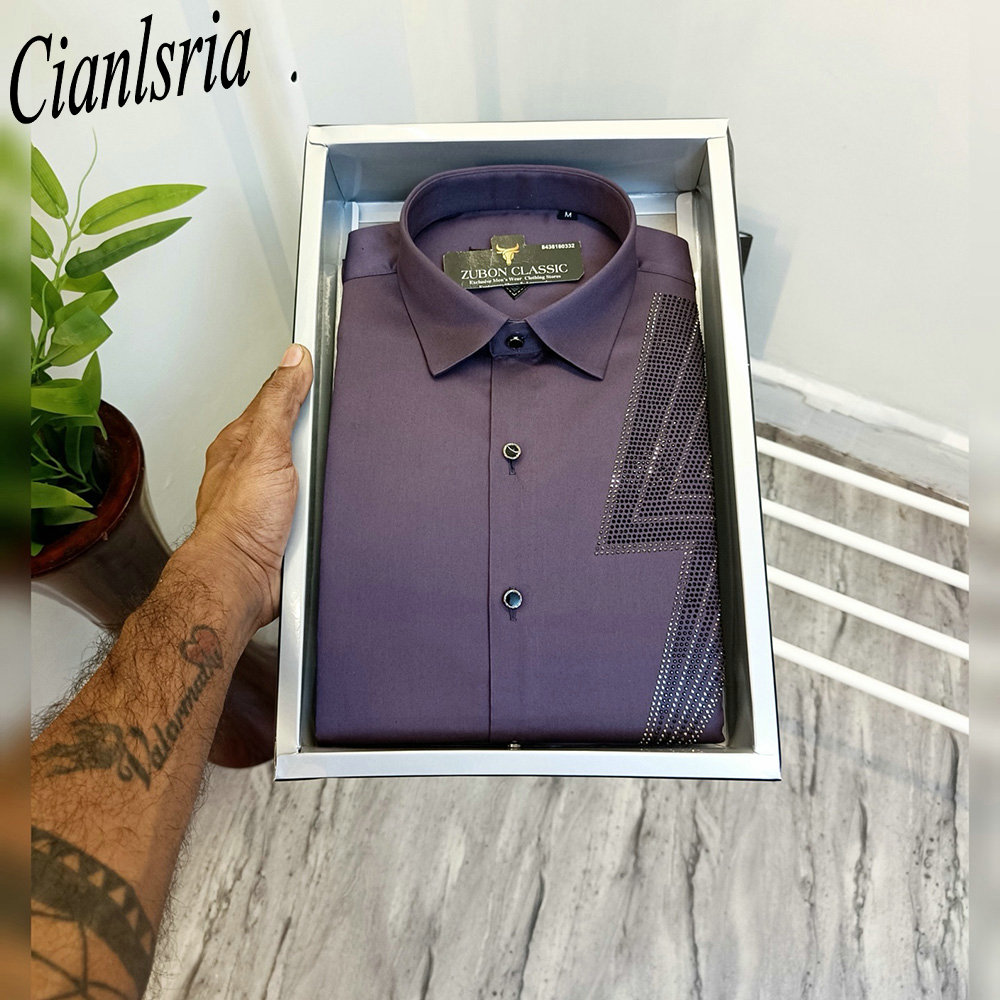 メンズラグジュアリー片面幾何学模様Vラインストーン長袖ドレス - Men Formal Party Wear Shirt のレビューと価格