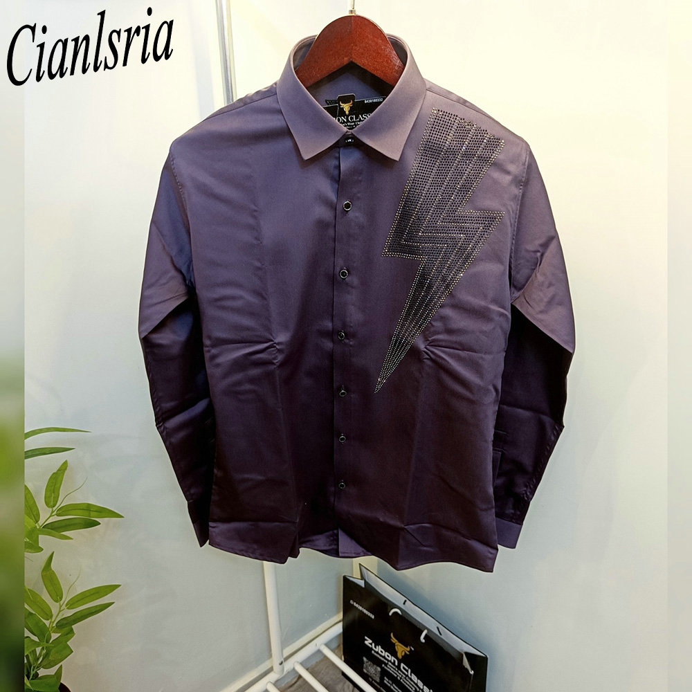 メンズラグジュアリー片面幾何学模様Vラインストーン長袖ドレス - Men Formal Party Wear Shirt のレビューと価格