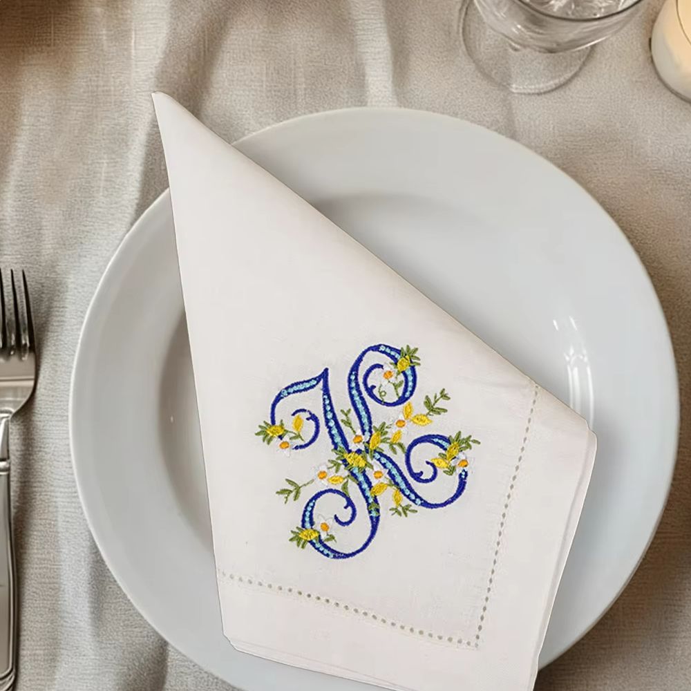 新入荷 100%ピュアリネン レモン刺繍モノグラムナプキン、 - Monogrammed Handkerchief のレビューと価格