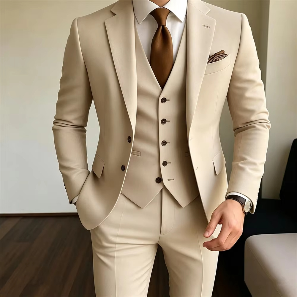 カーキメンズスーツ 3 ピース ジャケット + ベスト +  - Khaki Formal Wear Men のレビューと価格