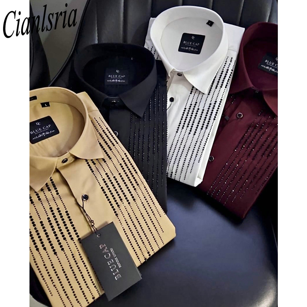 メンズラグジュアリー縦型ラインストーン長袖シャツ ラペルカラ - Men Formal Party Wear Shirt のレビューと価格
