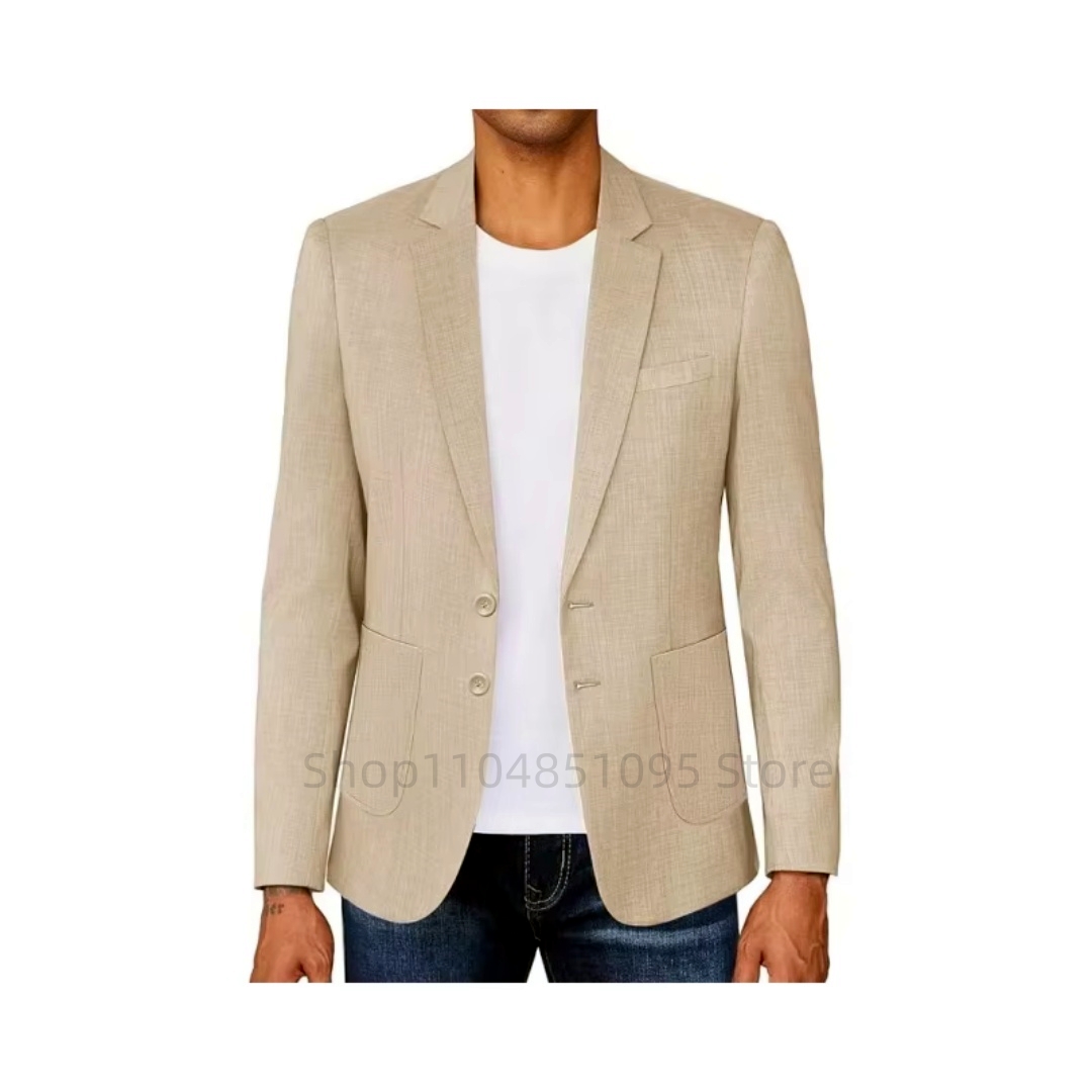 スリムフィットメンズベージュ/ブルーリネンブレザーカジュアル - Men Formal Wear Design のレビューと価格
