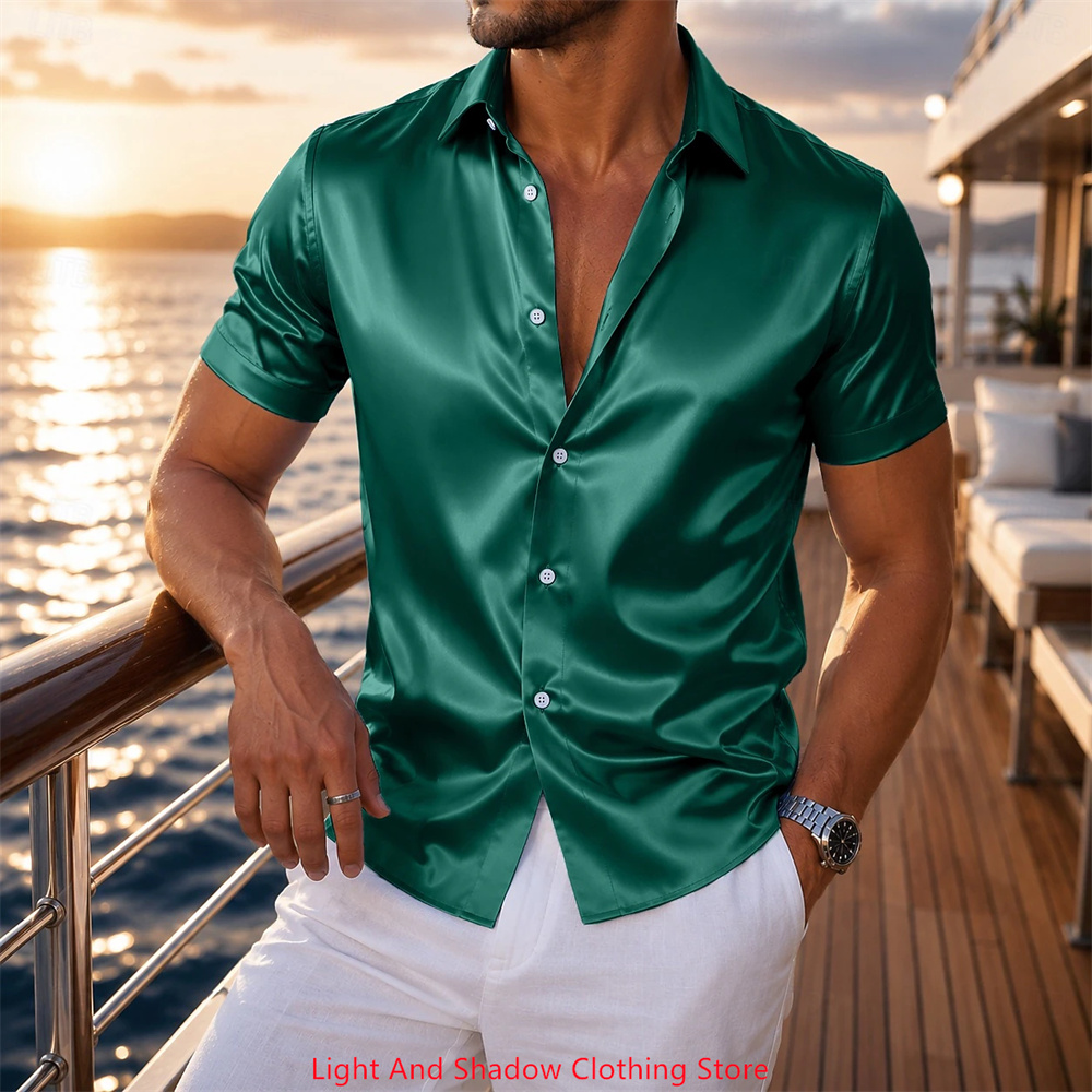 メンズサテン半袖シャツ 高級感のある光沢 フォーマル ボタン - Men Formal Party Wear Shirt のレビューと価格