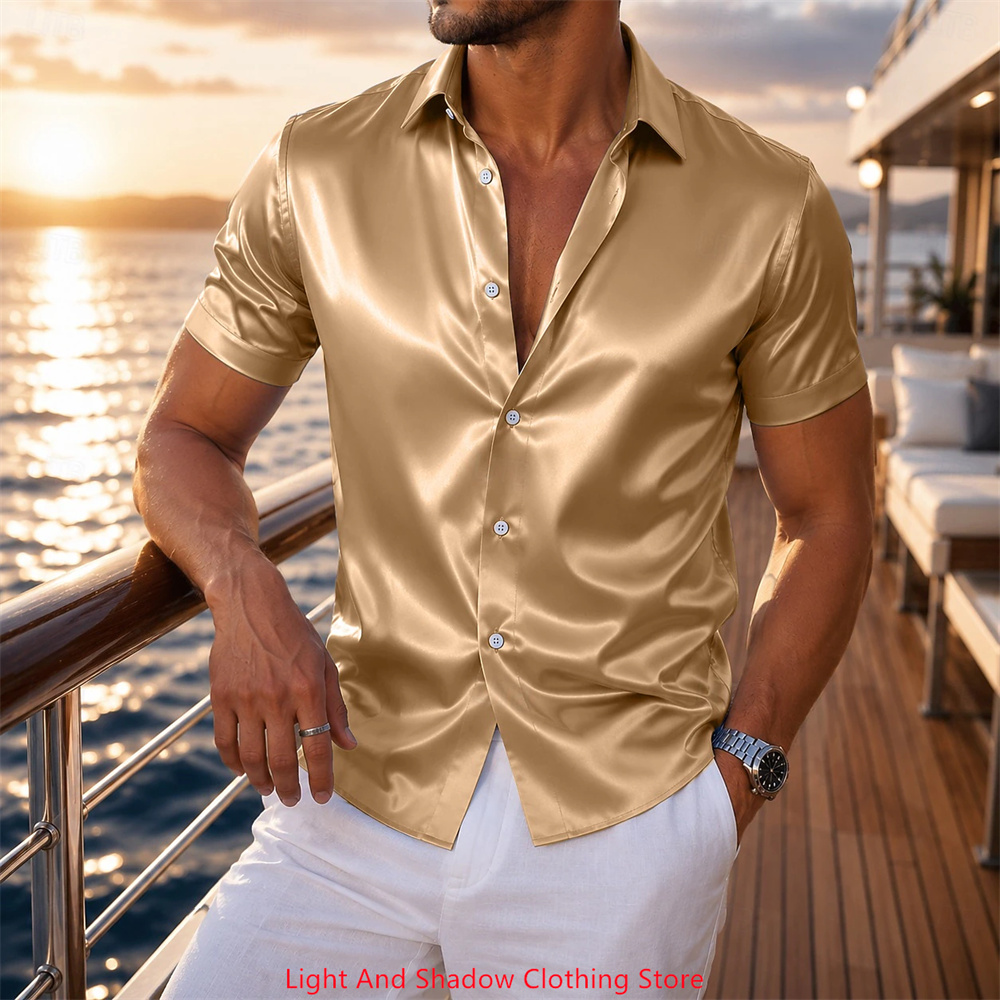 メンズサテン半袖シャツ 高級感のある光沢 フォーマル ボタン - Men Formal Party Wear Shirt のレビューと価格