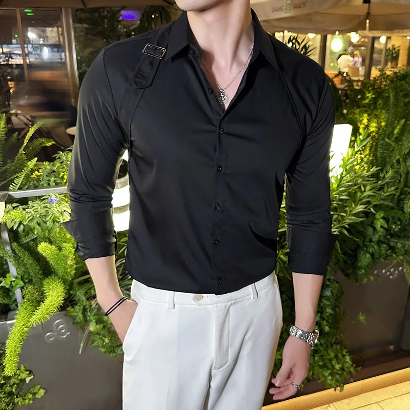 メンズ長袖タキシードシャツ,ベルトデザイン,スリムフィット, - Men Formal Party Wear Shirt のレビューと価格