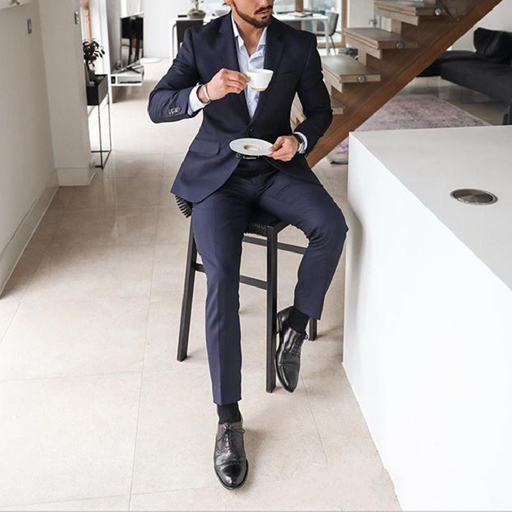 ネイビーブルーの2ピースメンズタキシードスーツ、花婿の付添人 - Men'S Formal Dinner Wear のレビューと価格
