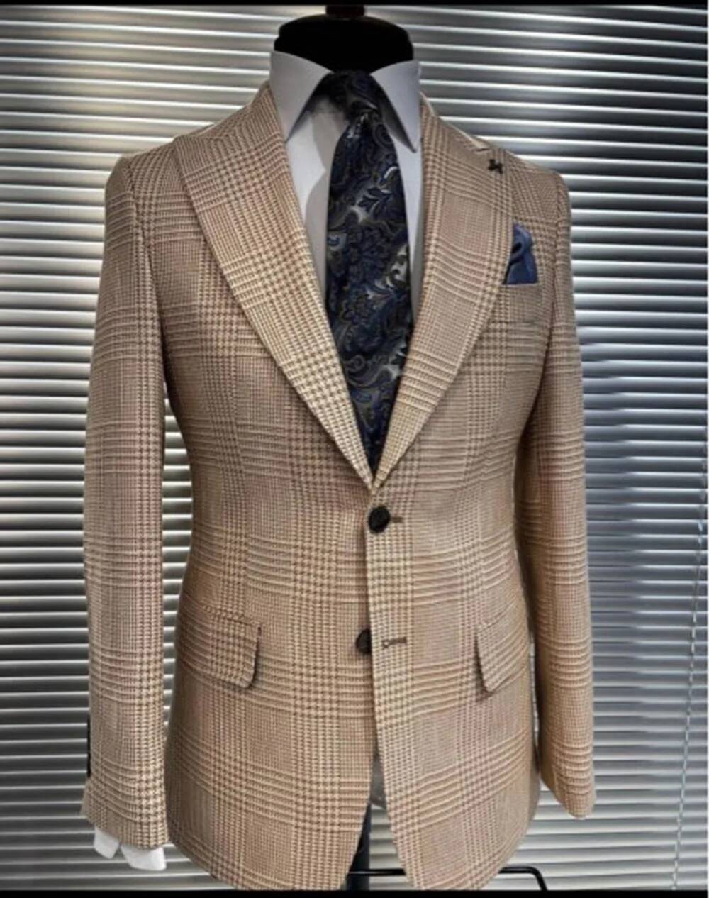 カーキ 2 ピーススーツ千鳥格子デザインブレザーズボンメンズ - Khaki Formal Wear Men のレビューと価格