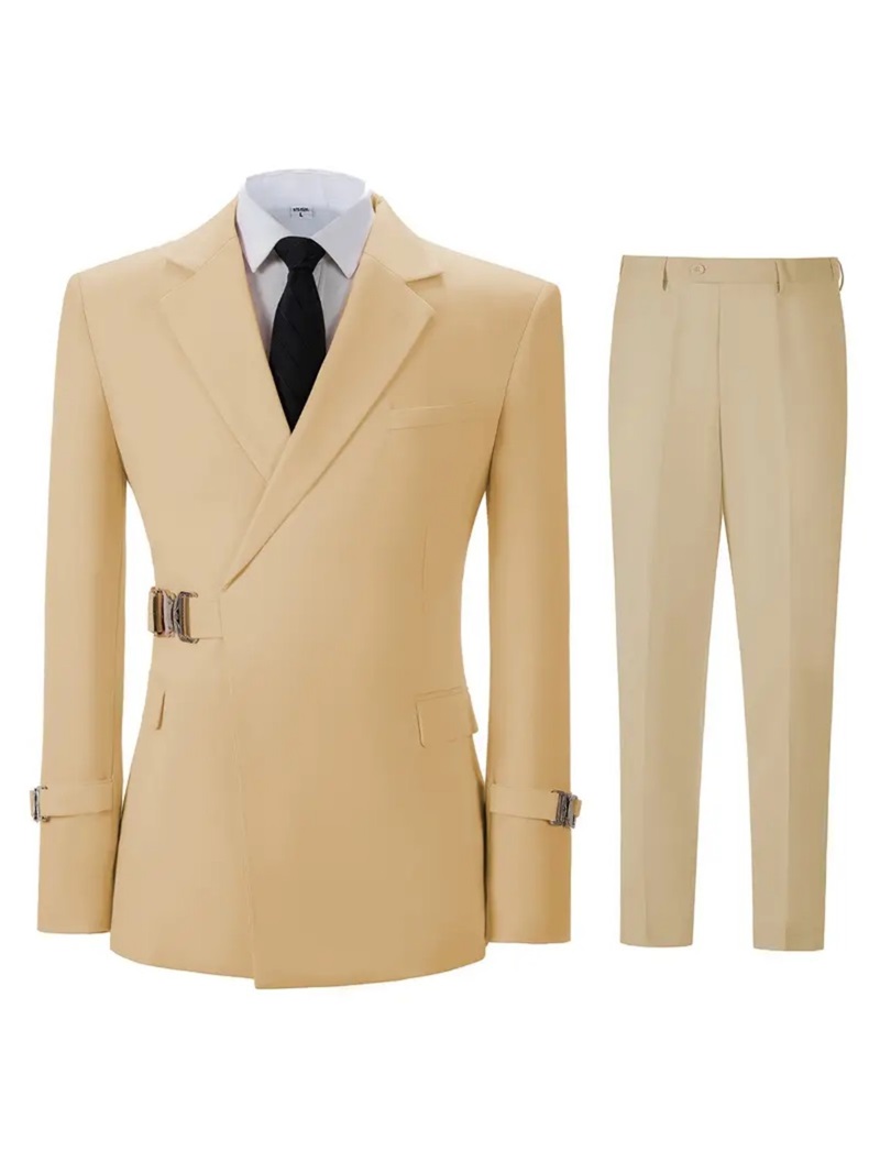 カーキ綿男性スーツセット 2 ピースブレザー + パンツベル - Khaki Formal Wear Men のレビューと価格