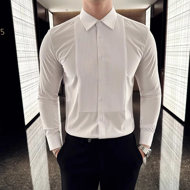 メンズ長袖シャツ,韓国のパッチワークデザイン,スリム,フォー - Men Formal Party Wear Shirt のレビューと価格