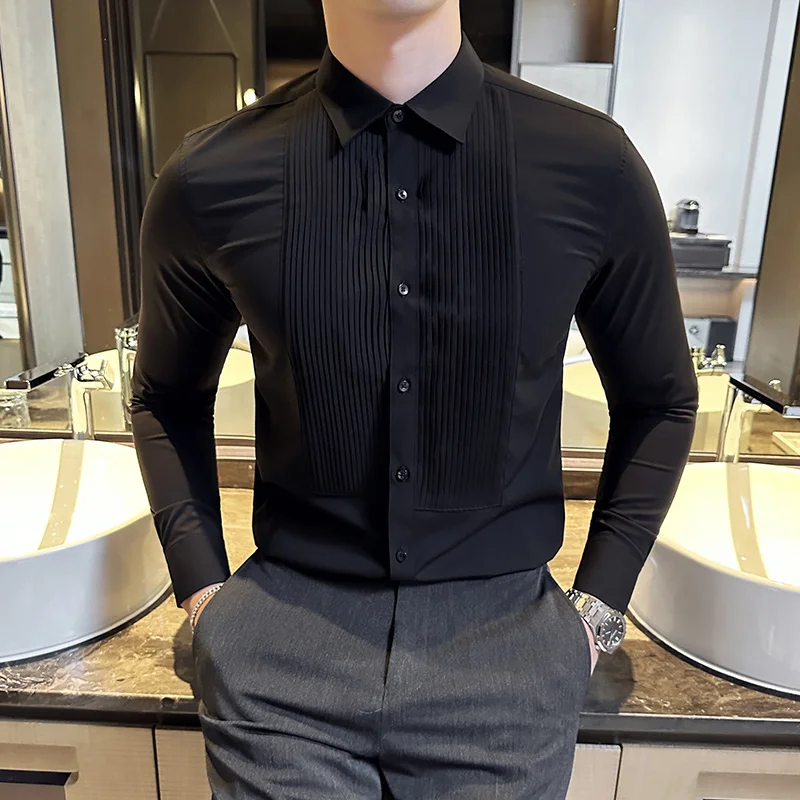 メンズ長袖シャツ,韓国のパッチワークデザイン,スリム,フォー - Men Formal Party Wear Shirt のレビューと価格