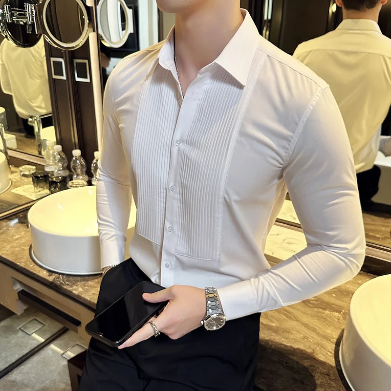 メンズ長袖シャツ,韓国のパッチワークデザイン,スリム,フォー - Men Formal Party Wear Shirt のレビューと価格